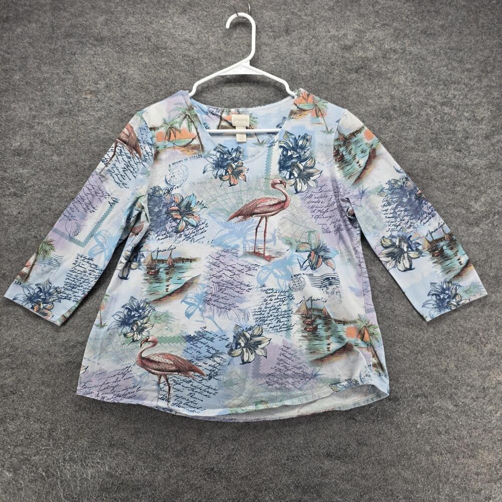 Chico's T-Shirt Womens 1 Multicolor Jersey Floral Round Neck 3/4 Sleeve